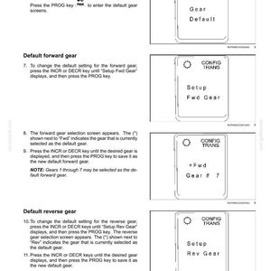 Op de afbeelding: Een pagina met bedieningsinstructies getiteld OPERATING INSTRUCTIONS - 4, met tekst en vier diagrammen van een rechthoekig scherm. De schermen tonen tekst waaronder CONFIG TRANS, Gear Default, Setup Fwd Gear, * Fwd Gear # 7 en Setup Rev Gear.