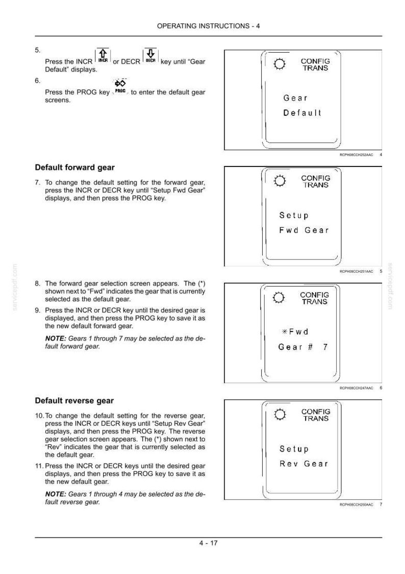 Op de afbeelding: Een pagina met bedieningsinstructies getiteld OPERATING INSTRUCTIONS - 4, met tekst en vier diagrammen van een rechthoekig scherm. De schermen tonen tekst waaronder CONFIG TRANS, Gear Default, Setup Fwd Gear, * Fwd Gear # 7 en Setup Rev Gear.