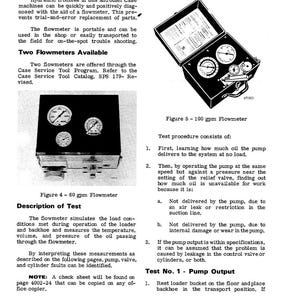 May include: Diagram of a flowmeter with gauges and text. The text reads "Testing the Hydraulic System with a Flowmeter." The flowmeter measures temperature, volume, and pressure. The image also includes test procedures.