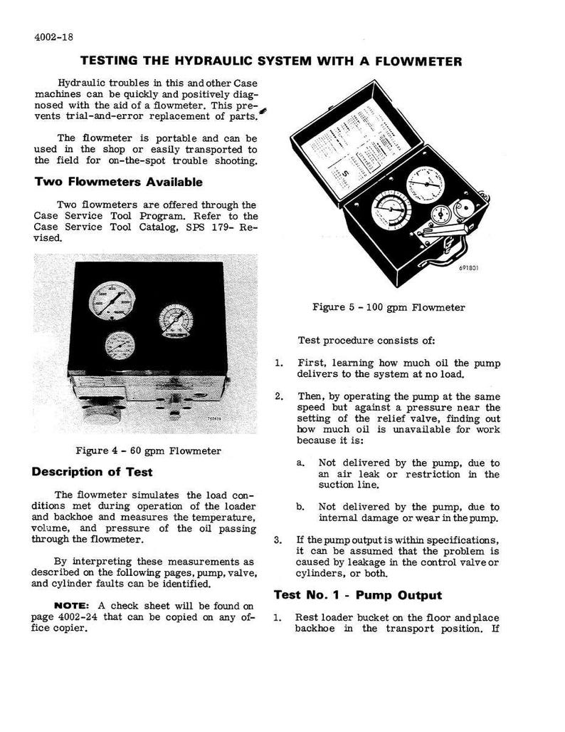 May include: Diagram of a flowmeter with gauges and text. The text reads "Testing the Hydraulic System with a Flowmeter." The flowmeter measures temperature, volume, and pressure. The image also includes test procedures.