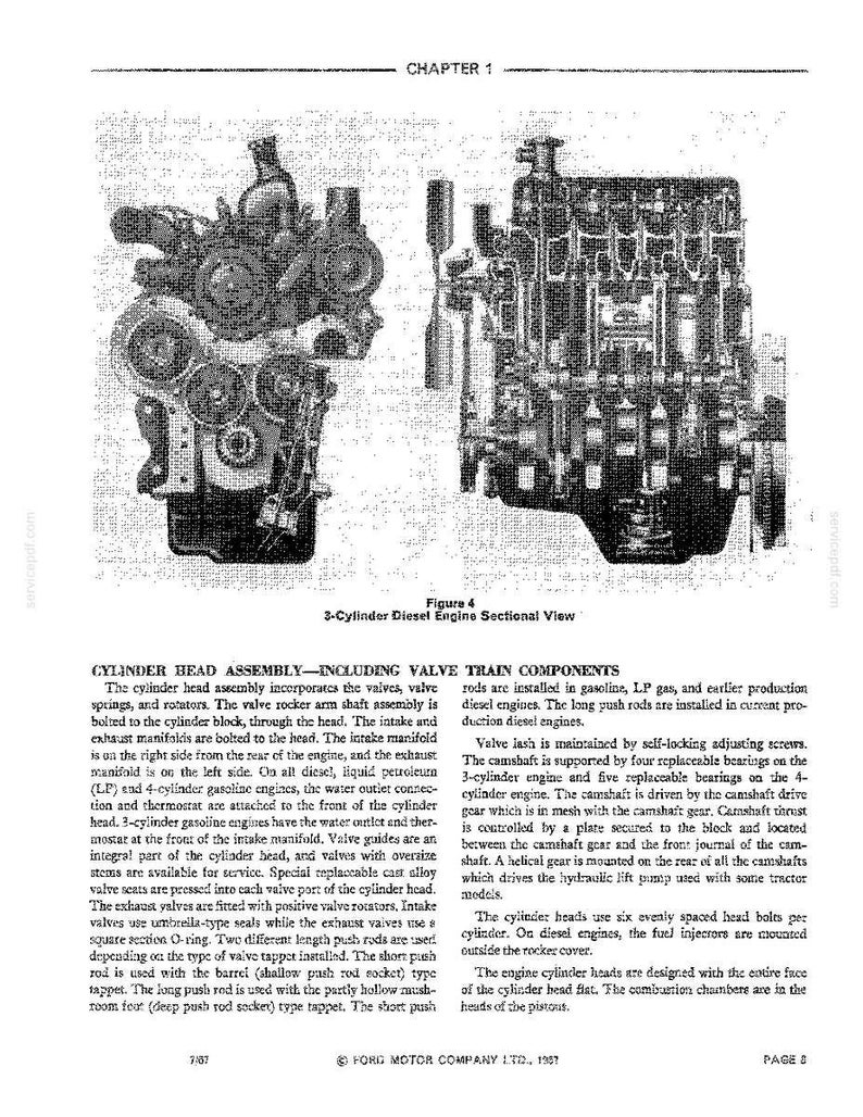 May include: An illustrated sectional view of a 3-cylinder diesel engine, showing internal components like the cylinder head assembly, valves, and valve train. The image includes text describing engine parts and functions.