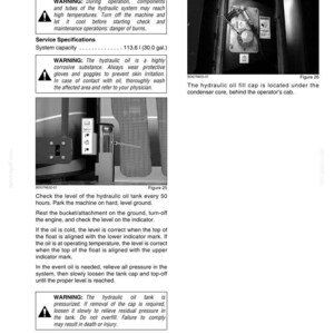 May include: Page from a manual detailing hydraulic oil maintenance. Includes warnings about high temperatures and corrosive substances. Shows diagrams of the oil fill cap and tank level indicator. Text includes service specifications and safety instructions.