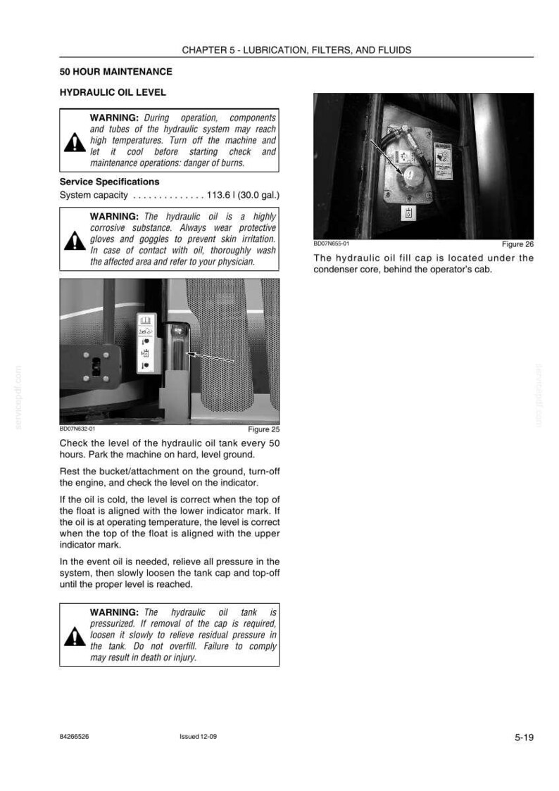 May include: Page from a manual detailing hydraulic oil maintenance. Includes warnings about high temperatures and corrosive substances. Shows diagrams of the oil fill cap and tank level indicator. Text includes service specifications and safety instructions.