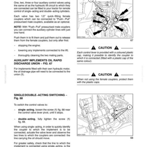 May include: A technical manual page titled SECTION 3 - FIELD OPERATION, detailing AUXILIARY CONTROL VALVES FOR REAR REMOTE CONTROLS. It includes text instructions, two diagrams labeled Fig. 67 and Fig. 68, and CAUTION warnings regarding 1/2" couplers.