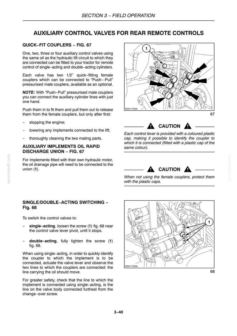 May include: A technical manual page titled SECTION 3 - FIELD OPERATION, detailing AUXILIARY CONTROL VALVES FOR REAR REMOTE CONTROLS. It includes text instructions, two diagrams labeled Fig. 67 and Fig. 68, and CAUTION warnings regarding 1/2" couplers.