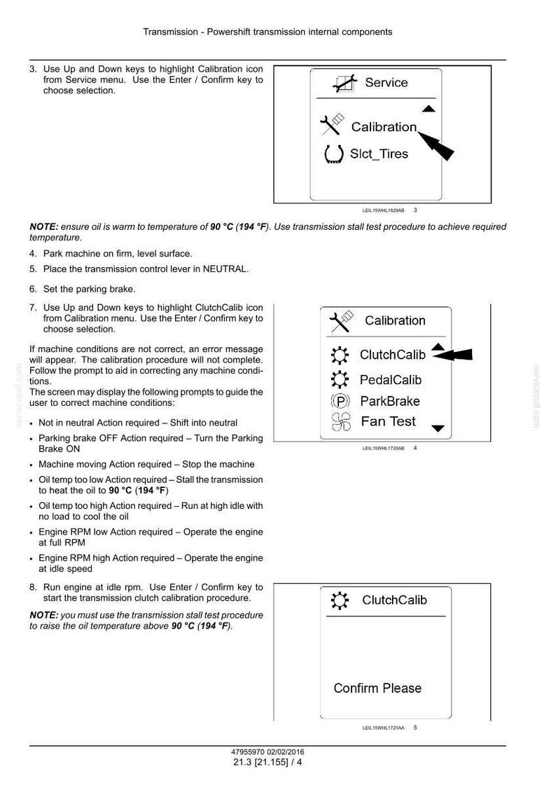 May include: Diagram of a powershift transmission's internal components. The image includes instructions for calibration, with options for ClutchCalib, PedalCalib, ParkBrake, and Fan Test. Text includes temperature in Fahrenheit.