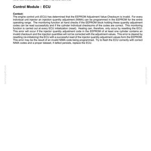 May include: A technical document with the title "E1736-12- Injection Quantity Adjustment failure - Bad intelligent device." The document explains fault codes related to the ECU and EEPROM, including context and troubleshooting steps. The document is on white paper.