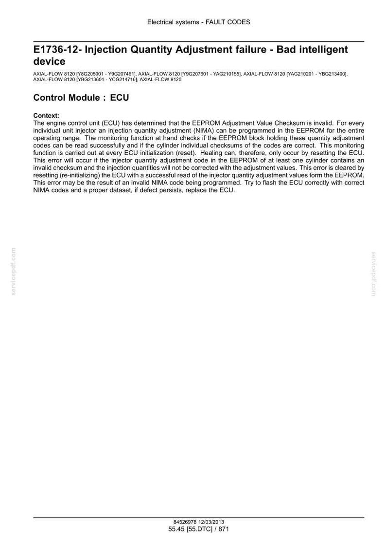 May include: A technical document with the title "E1736-12- Injection Quantity Adjustment failure - Bad intelligent device." The document explains fault codes related to the ECU and EEPROM, including context and troubleshooting steps. The document is on white paper.