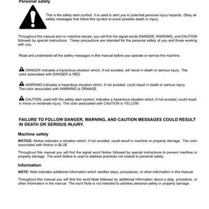 May include: A white document with the title "INTRODUCTION" and sections on safety rules and personal safety. The document uses warning symbols and color-coded alerts (red, orange, yellow, and blue) to indicate potential hazards and safety instructions.