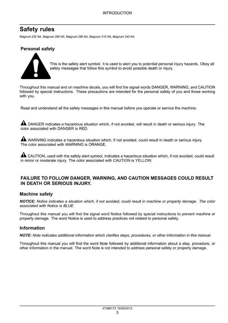 May include: A white document with the title "INTRODUCTION" and sections on safety rules and personal safety. The document uses warning symbols and color-coded alerts (red, orange, yellow, and blue) to indicate potential hazards and safety instructions.