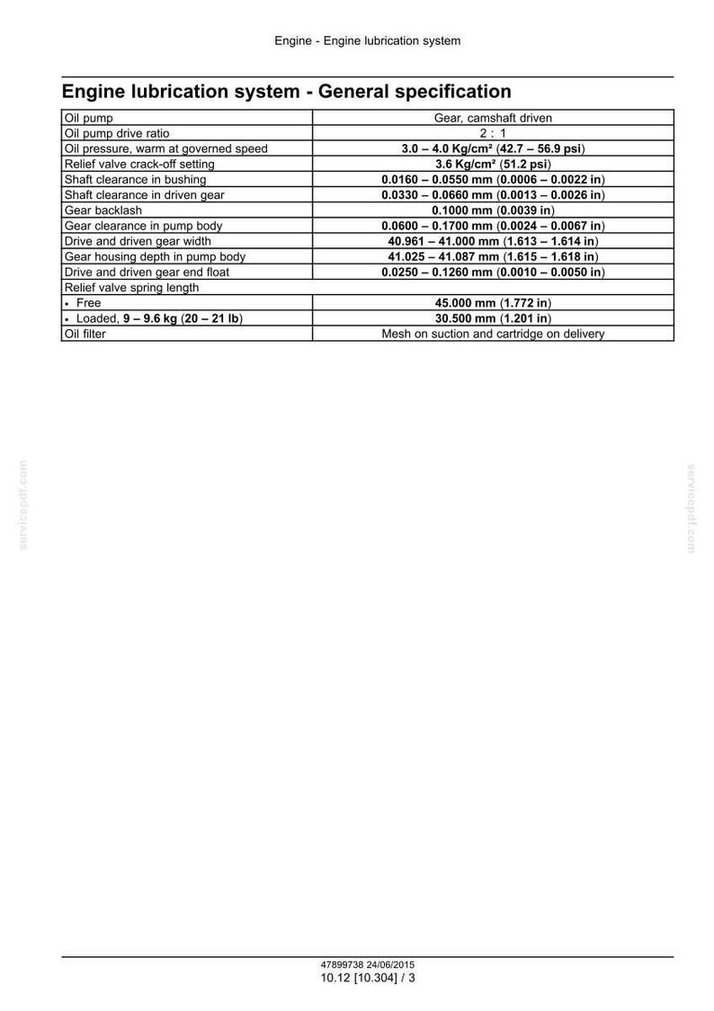 Puede incluir: Una hoja de especificaciones t&eacute;cnicas detallada para un sistema de lubricaci&oacute;n del motor. El documento incluye medidas en mil&iacute;metros y kilogramos, detallando las especificaciones de la bomba de aceite, las relaciones de transmisi&oacute;n y los ajustes de la v&aacute;lvula de alivio.