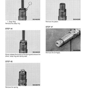 May include: A technical diagram with steps for disassembly. Step 43 shows a snap ring removal, step 44 details spring tension release, step 45 removes the spring, step 46 removes the piston, and step 47 removes O-rings. The diagram is in black and white.