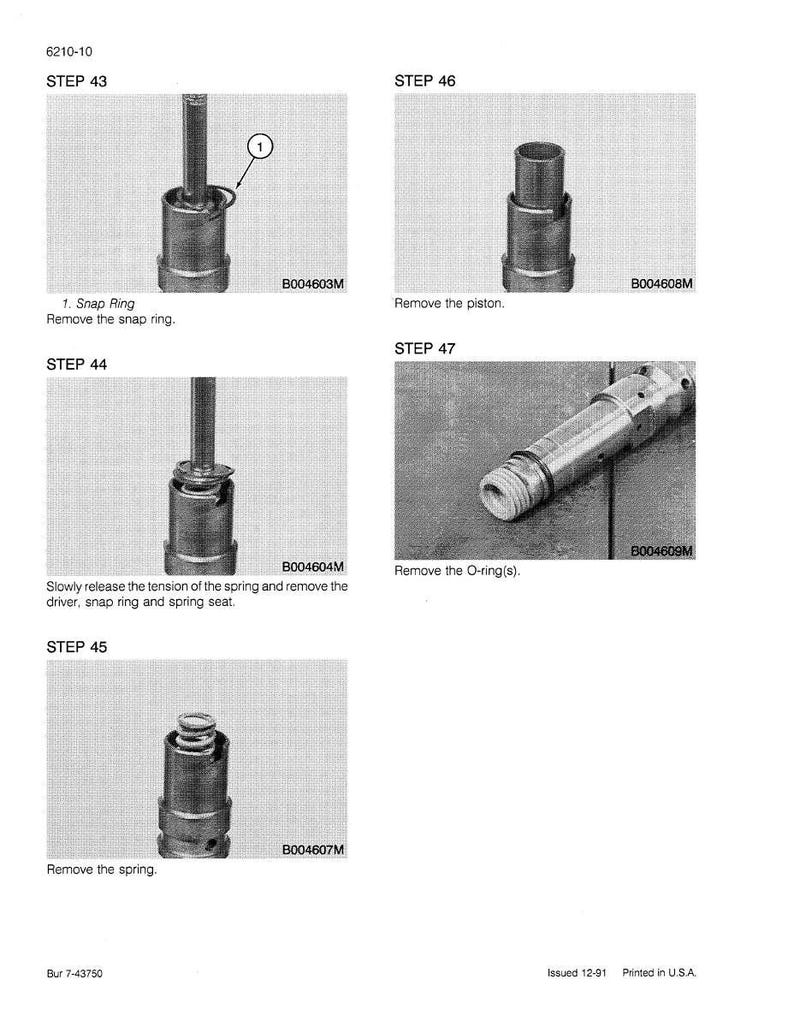 May include: A technical diagram with steps for disassembly. Step 43 shows a snap ring removal, step 44 details spring tension release, step 45 removes the spring, step 46 removes the piston, and step 47 removes O-rings. The diagram is in black and white.