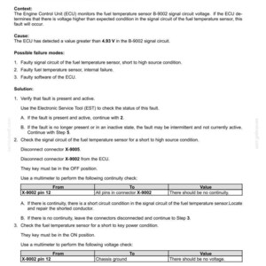 May include: A diagnostic document detailing fault codes for electrical systems. The text explains the issue of a fuel temperature sensor voltage being higher than expected, including possible causes and solutions. Includes diagrams and troubleshooting steps.