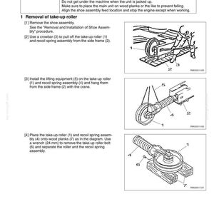May include: Diagram illustrating the removal and installation of a take-up roller. The image includes step-by-step instructions with numbered diagrams, a caution notice, and a wrench size of 24 mm.