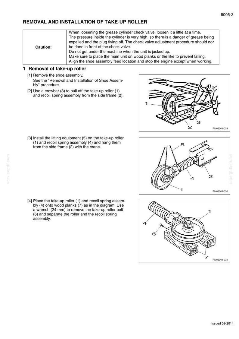 May include: Diagram illustrating the removal and installation of a take-up roller. The image includes step-by-step instructions with numbered diagrams, a caution notice, and a wrench size of 24 mm.