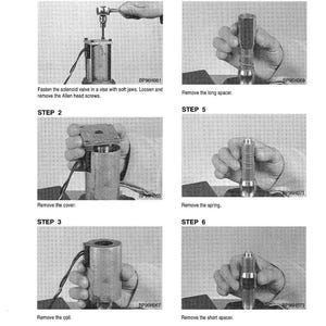 May include: A grayscale instructional diagram titled "DISASSEMBLY" with six steps detailing the disassembly of a solenoid valve. Each step includes a photograph and a brief description of the process, such as removing the cover, coil, and spacers.