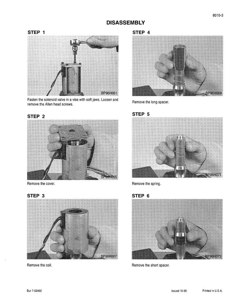 May include: A grayscale instructional diagram titled "DISASSEMBLY" with six steps detailing the disassembly of a solenoid valve. Each step includes a photograph and a brief description of the process, such as removing the cover, coil, and spacers.