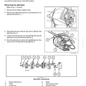 May include: Diagram of an alternator service instruction. The image includes step-by-step instructions for removal, installation, and overhaul. It features detailed illustrations of alternator components and their assembly.