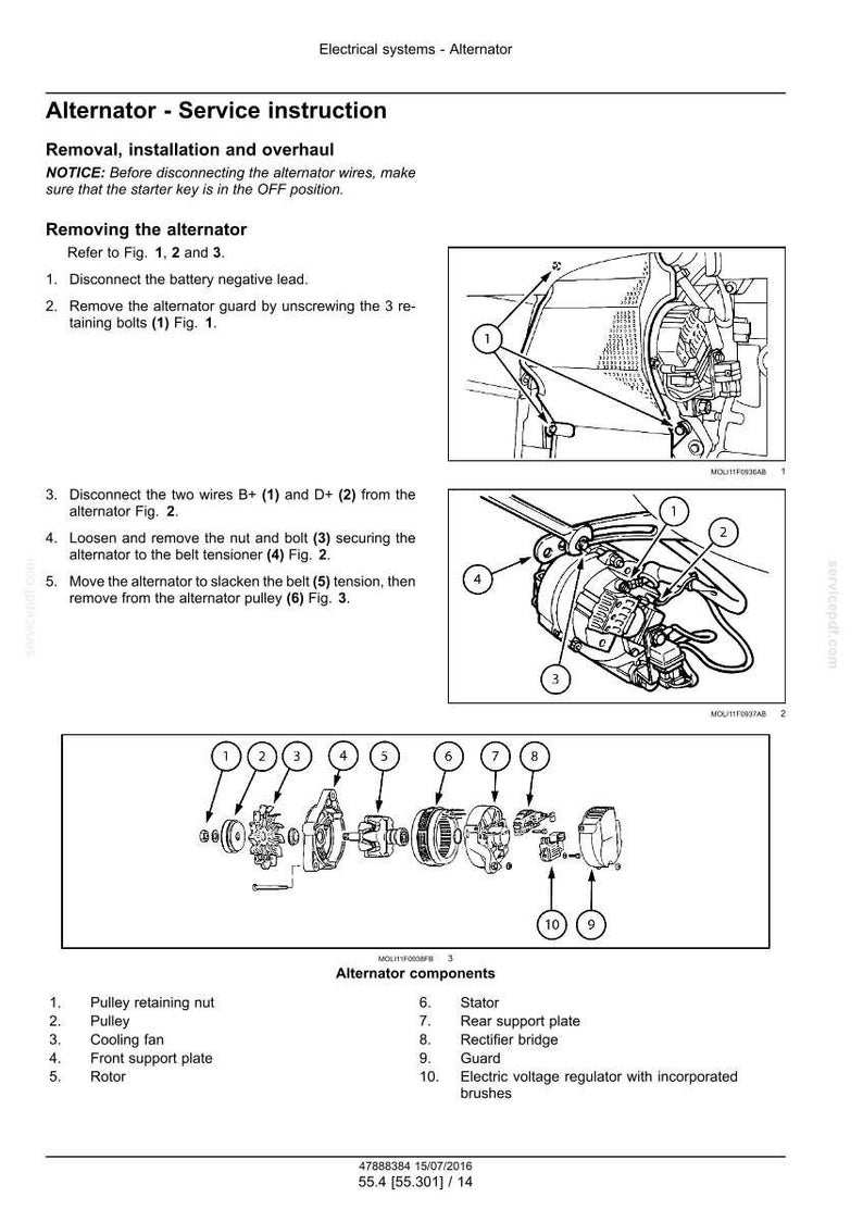May include: Diagram of an alternator service instruction. The image includes step-by-step instructions for removal, installation, and overhaul. It features detailed illustrations of alternator components and their assembly.