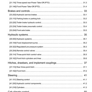 May include: A detailed technical document with a table of contents. The document covers topics such as Power Take-Off (PTO), brakes, hydraulic systems, hitches, steering, and cab climate control. The document is dated 24/02/2015.