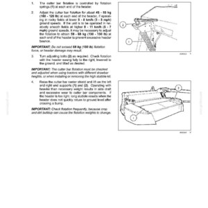 May include: Diagram of a header with labels and instructions for static leveling and tension adjustment. Text includes measurements in pounds and miles per hour, with warnings about flotation force and header damage.