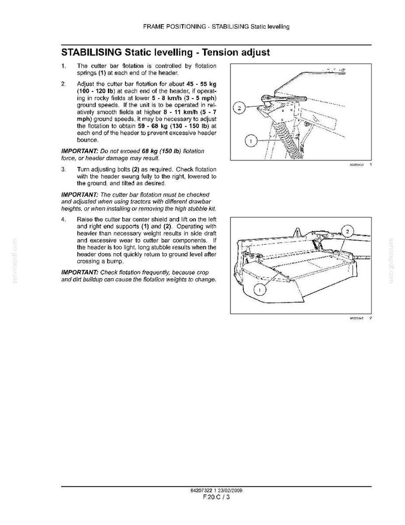 May include: Diagram of a header with labels and instructions for static leveling and tension adjustment. Text includes measurements in pounds and miles per hour, with warnings about flotation force and header damage.