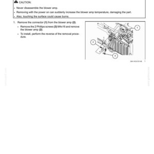 Puede incluir: Diagrama del procedimiento de reemplazo del amplificador del ventilador. La imagen incluye un diagrama con componentes numerados, una advertencia e instrucciones. El texto incluye "Blower - Replace - Blower amplifier".