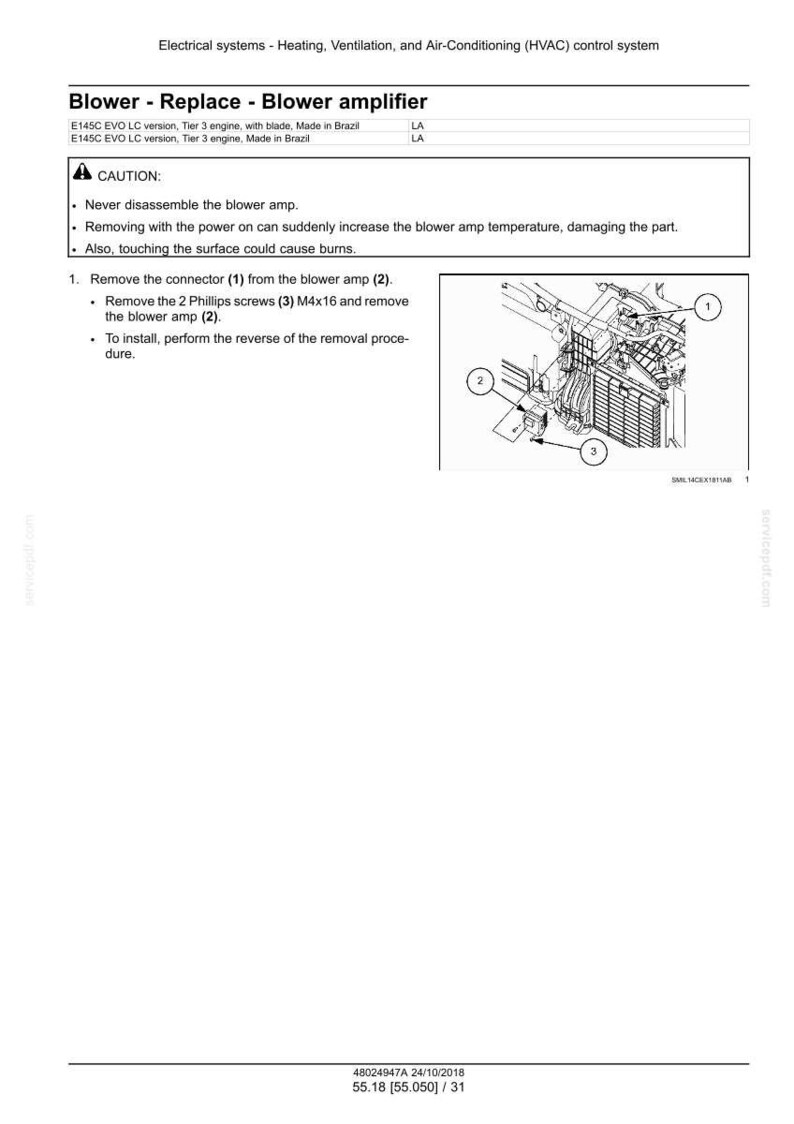 Puede incluir: Diagrama del procedimiento de reemplazo del amplificador del ventilador. La imagen incluye un diagrama con componentes numerados, una advertencia e instrucciones. El texto incluye "Blower - Replace - Blower amplifier".