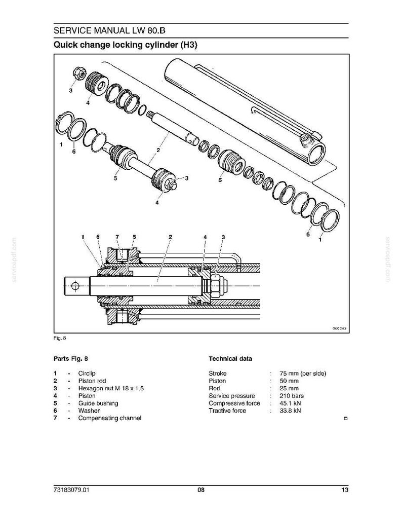 May include: An engineering diagram of a quick change locking cylinder, with detailed illustrations of its components. The diagram includes labels for parts such as circlips, piston rods, and hexagon nuts. Technical data includes stroke at 75 mm per side, piston at 50 mm, and rod at 25 mm.