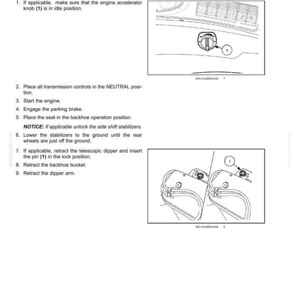 May include: A technical manual page titled 5 - TRANSPORT OPERATIONS, PREPARING FOR ROAD TRANSPORT. It lists nine steps for preparing a machine for road travel, including two line-art diagrams showing an engine accelerator knob and a locking pin.