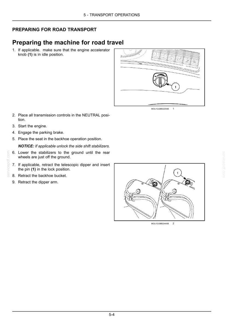May include: A technical manual page titled 5 - TRANSPORT OPERATIONS, PREPARING FOR ROAD TRANSPORT. It lists nine steps for preparing a machine for road travel, including two line-art diagrams showing an engine accelerator knob and a locking pin.