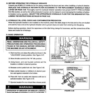 May include: A technical manual page titled Section III - Basic Machine Operation, detailing hydraulic breaker procedures for Kobelco machinery. It includes safety warnings, numbered operational steps, and two diagrams illustrating the safety lock lever and control pedal.
