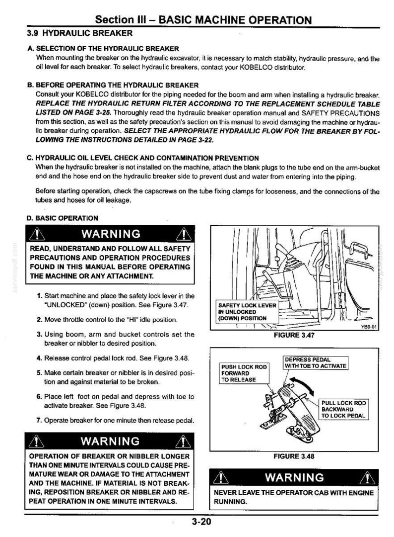 May include: A technical manual page titled Section III - Basic Machine Operation, detailing hydraulic breaker procedures for Kobelco machinery. It includes safety warnings, numbered operational steps, and two diagrams illustrating the safety lock lever and control pedal.