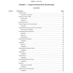 May include: A page from a manual titled "SECTION 10 - ENGINE" with a table of contents for engine components. The table lists sections like "Cylinder Block," "Piston and Piston Rings," and "Flywheel," with corresponding page numbers.