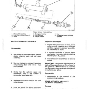 May include: An exploded diagram of a master cylinder assembly, with labels for each component. The diagram includes the master cylinder body, push rod, spool, spring, and seals. Text includes "Master Cylinder - Overhaul" and instructions for disassembly and reassembly.
