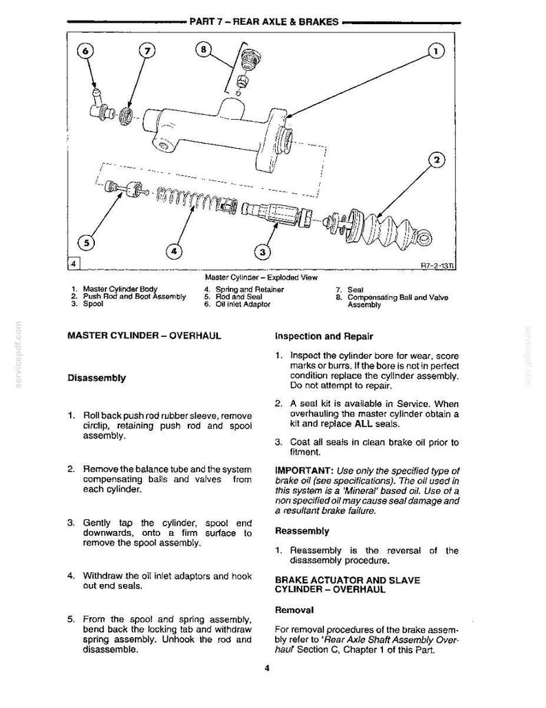 May include: An exploded diagram of a master cylinder assembly, with labels for each component. The diagram includes the master cylinder body, push rod, spool, spring, and seals. Text includes "Master Cylinder - Overhaul" and instructions for disassembly and reassembly.