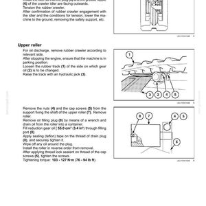 Op de afbeelding: Diagrammen en instructies voor het onderhouden van machineonderdelen, inclusief de bovenste rol. De afbeelding toont gedetailleerde illustraties van onderdelen zoals pluggen, schroeven en rollen, met metingen in cm en Newtonmeters.