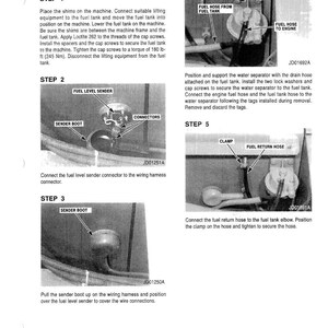 May include: Diagram of fuel tank installation steps, including connecting hoses, sender boot, and connectors. Instructions detail securing the fuel tank with cap screws and washers, and connecting the fuel return hose.