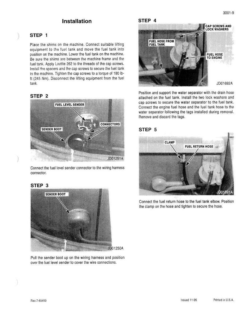 May include: Diagram of fuel tank installation steps, including connecting hoses, sender boot, and connectors. Instructions detail securing the fuel tank with cap screws and washers, and connecting the fuel return hose.