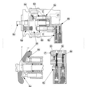May include: Technical diagram of a mechanical component, featuring detailed cross-sectional views. The diagram includes various parts labeled with numbers and letters, illustrating internal mechanisms and structures. The image is in black and white.