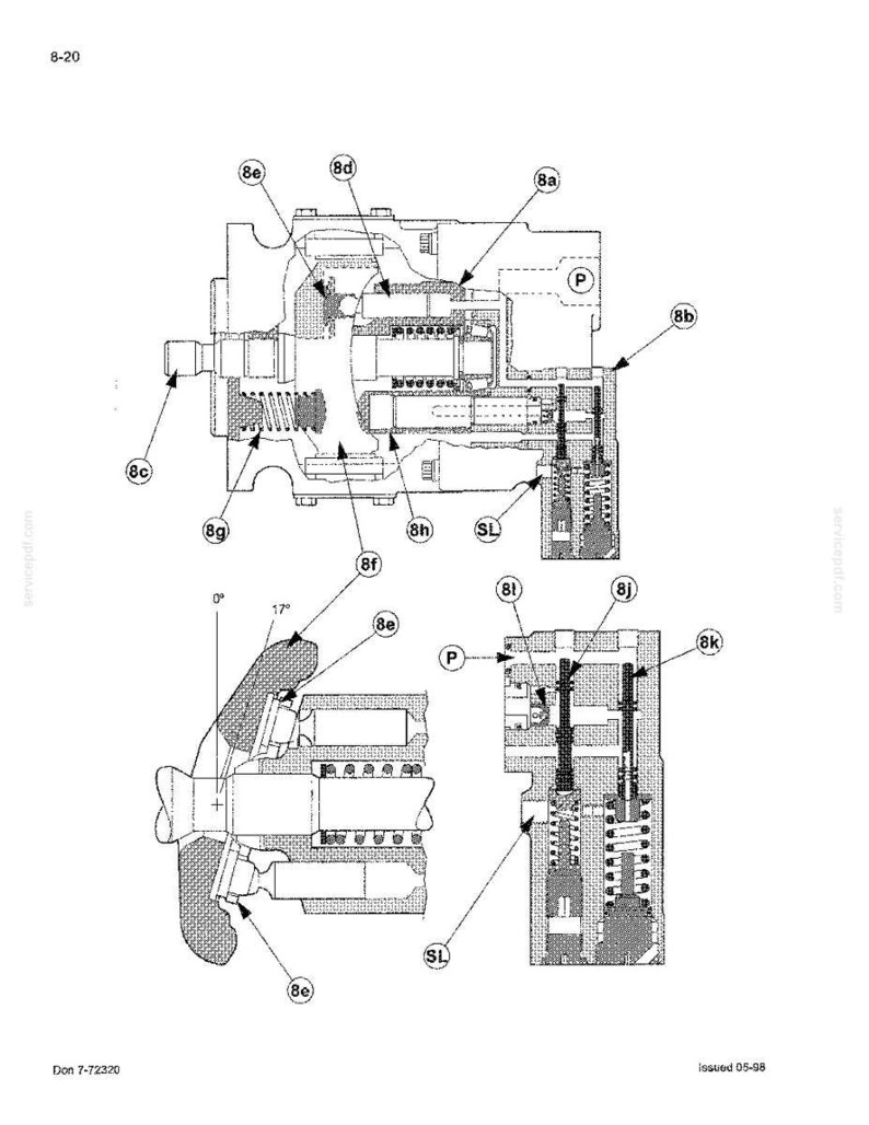 May include: Technical diagram of a mechanical component, featuring detailed cross-sectional views. The diagram includes various parts labeled with numbers and letters, illustrating internal mechanisms and structures. The image is in black and white.