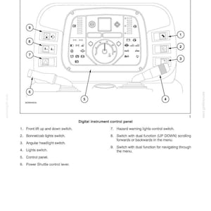 May include: A technical diagram of a digital instrument control panel for a vehicle, featuring numbered labels from 1 to 9. The illustration displays various switches, a central gauge, and two control levers, with text headers including SECTION 55.