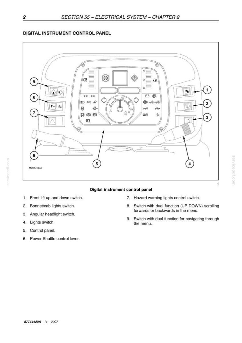 May include: A technical diagram of a digital instrument control panel for a vehicle, featuring numbered labels from 1 to 9. The illustration displays various switches, a central gauge, and two control levers, with text headers including SECTION 55.