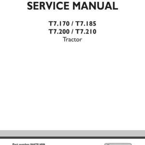 May include: A white service manual cover for New Holland Agriculture tractors, models T7.170, T7.185, T7.200, and T7.210. The document includes the part number 84479148A, is written in English, and is dated October 2011 with the brand logo.