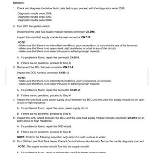 May include: A document detailing fault codes and troubleshooting steps for a 208B-Urea fluid pump performance issue. The text includes diagnostic trouble codes, connector specifications, and inspection procedures for automotive electrical systems.
