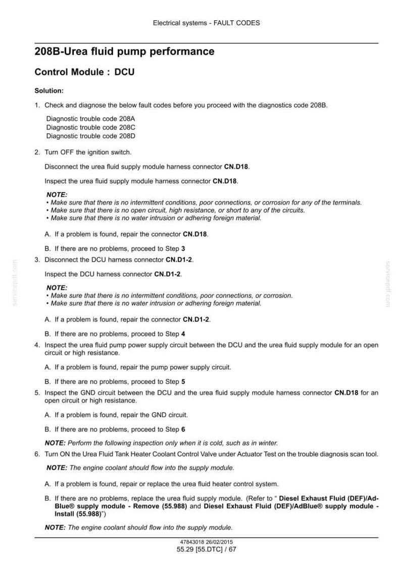 May include: A document detailing fault codes and troubleshooting steps for a 208B-Urea fluid pump performance issue. The text includes diagnostic trouble codes, connector specifications, and inspection procedures for automotive electrical systems.