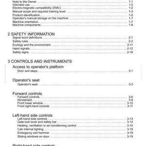 May include: A white document titled "Contents" with a detailed table of contents. The document is divided into sections such as "General Information", "Safety Information", and "Controls and Instruments", with page numbers listed.