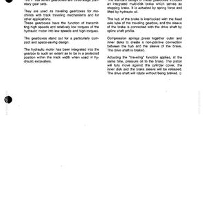 May include: A printed page with the title "TRAVELING GEARBOX" and the description of the F 100 series gearboxes. The text describes the function, design, and components of the gearboxes, including the brake system and hydraulic motor.