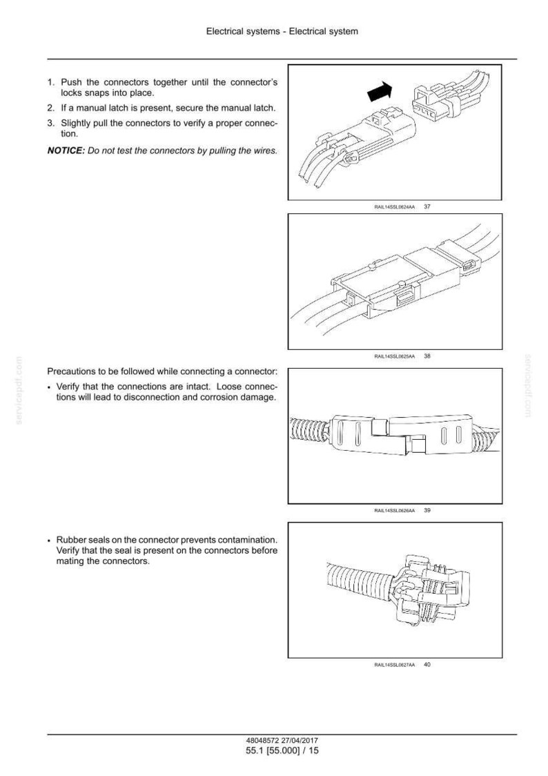 May include: Diagrams illustrating the steps for connecting electrical connectors. The images show the process of pushing connectors together, securing latches, and verifying connections. Text provides instructions and precautions.